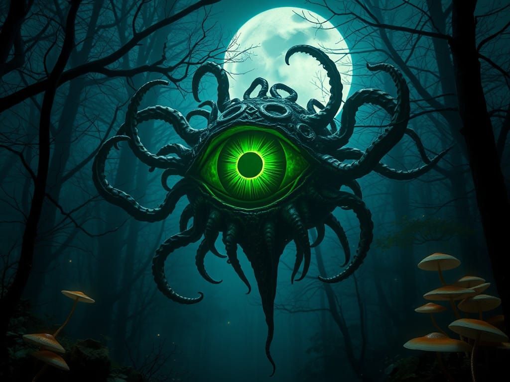 a eerie hovering intricate eye with slimy tentacles and a emerald green pupil like the Beholder from D&D but scarier and nastier, in eerie d...