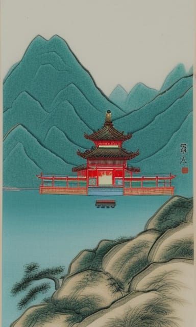 chinese temple in chenische landscape with mountains and sea