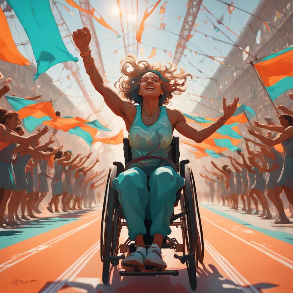 Disability person in wheel chair going to finish line celebrating with arms high, intricate and captivating ...  by @Lefteris Michael