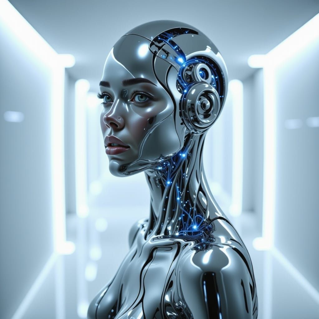 Chrome Woman with Glowing Circuitry in Futuristic Room