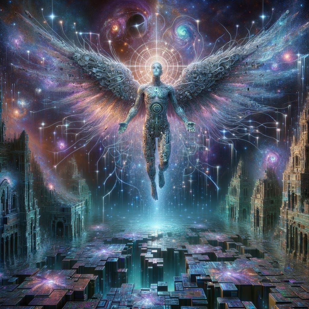 Masterpiece, surrealist digital painting of a colossal, biomechanical angel descending from a fractured ...  by @JuiceBox