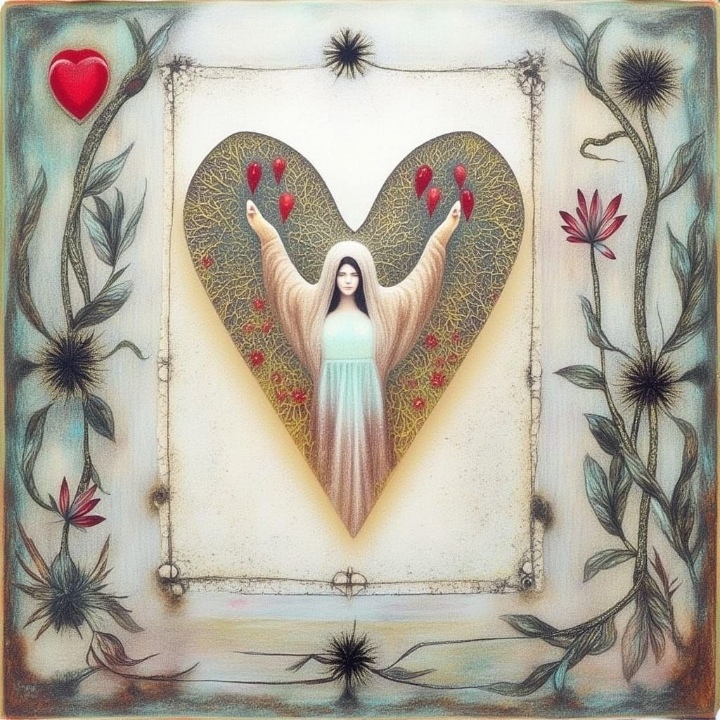 <lora:Heart Work:1.0> Pastel colours Virgin Mary in the style of Arthur Rackham and Mandy Disher heart