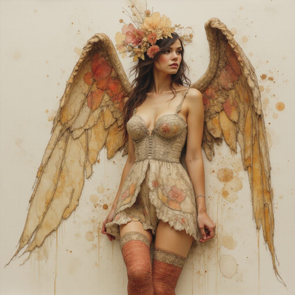 Stunningly beautiful serene angel, mixed media, bodice, striped red and stockings, Eric Lacombe, Jean Baptiste-Monge, Wadim Kashin, Willem H...