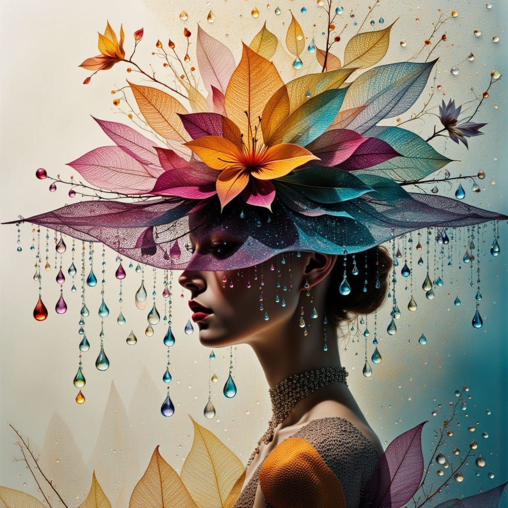 Imagine a mixed media art piece that is soft and pastel with a double exposure of rain turning into a mixed color chameleon filled with zent...