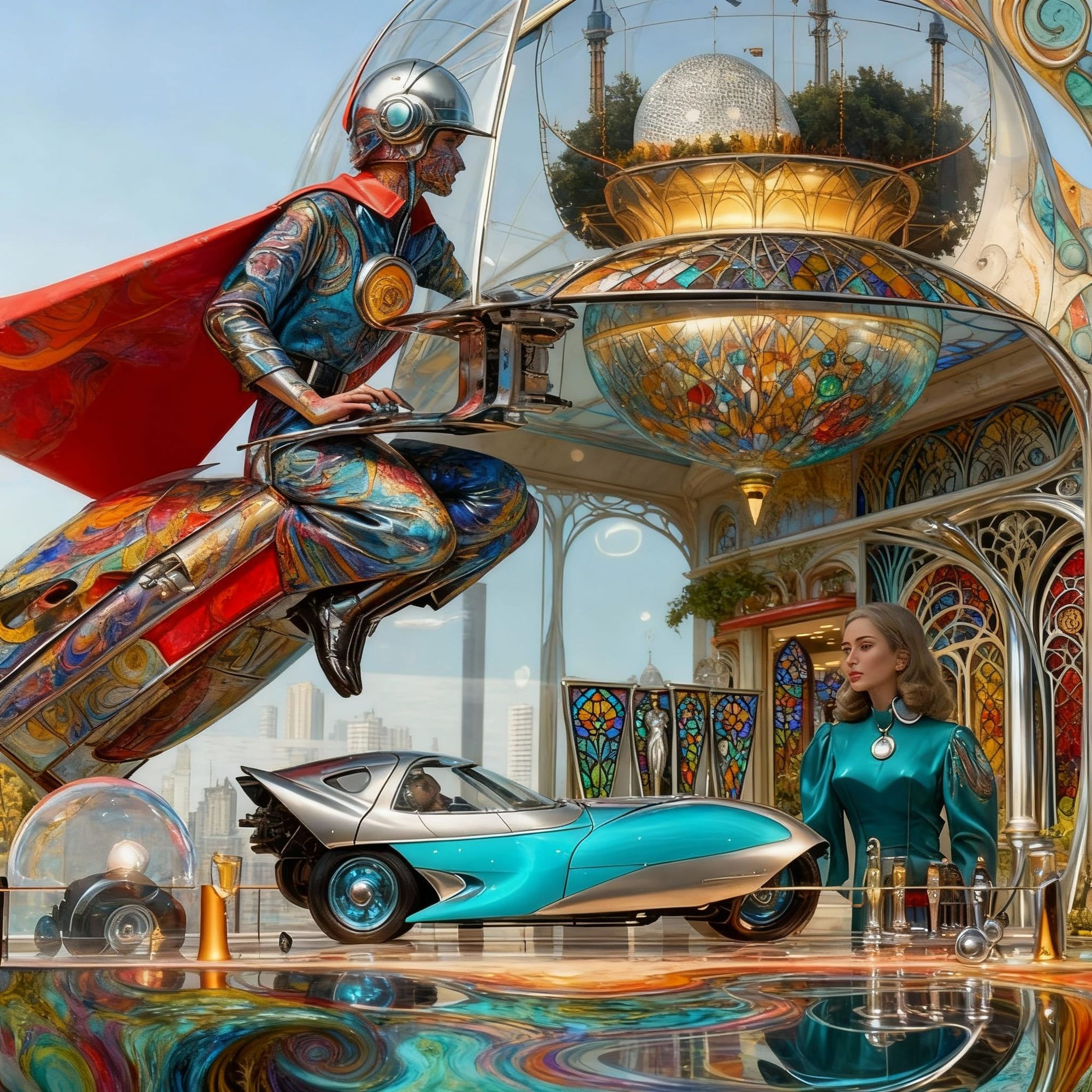 Dadaist Farmer Spirit, a colorful and abstract scene with vibrant textures and patterns resembling an otherworldly dream character with shop...