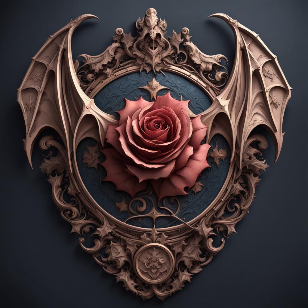 intricate coat of arms design featuring 7 bats wings, a rose with four