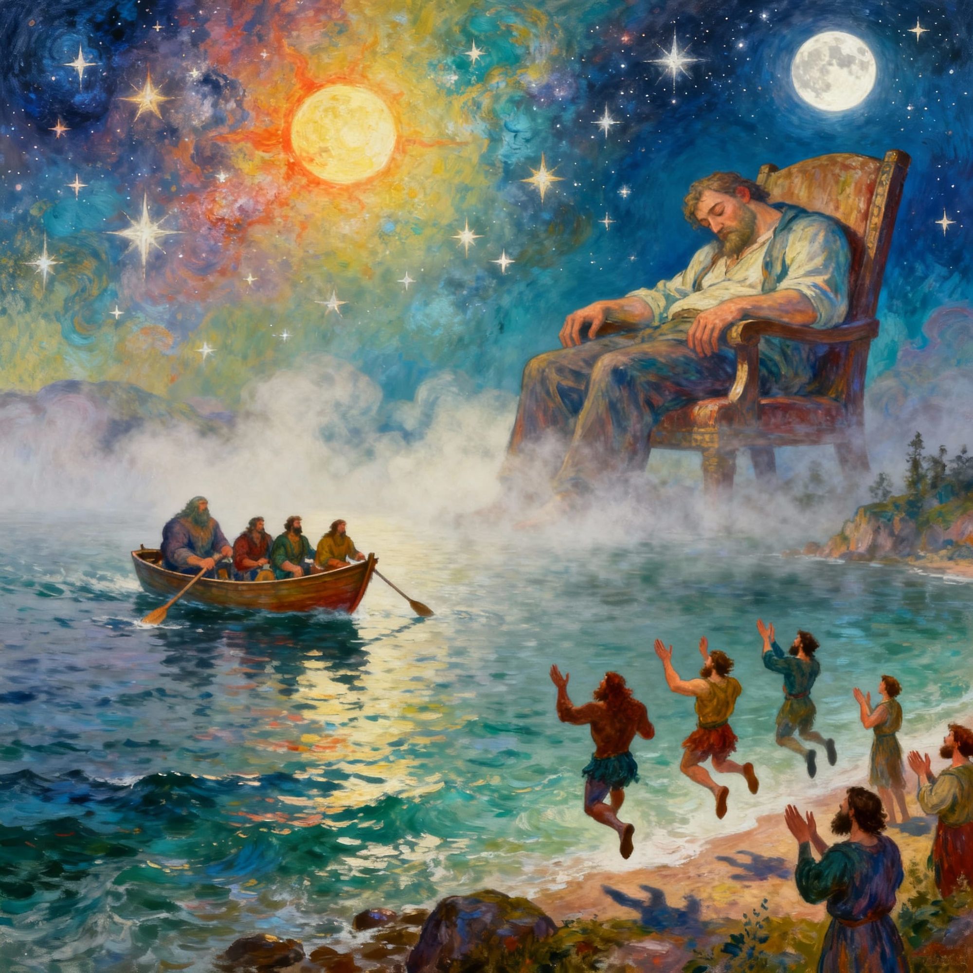 Change the chair of the Giant in a top of a hill , and the seascape in a landscape , write the text : "I can't go home , I want go home " sa...