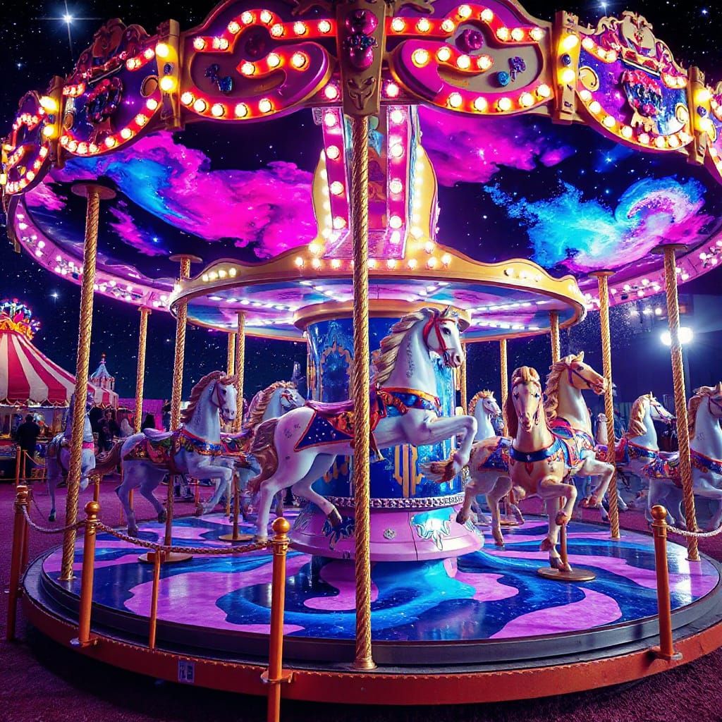 A vibrant, bustling carousel at a cosmic carnival, where the horses are replaced by miniature galaxies ...  by @Rick Roland Jr
