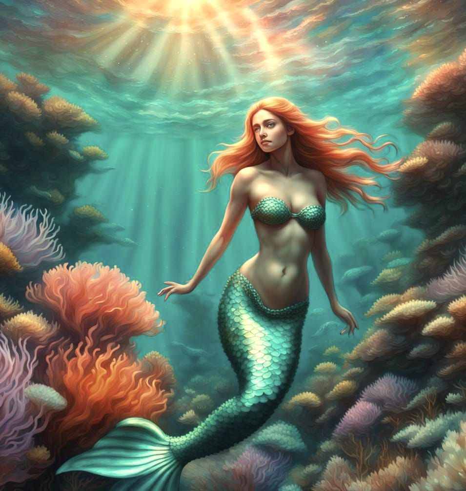 Beautiful Mermaid exploring a coral reef
