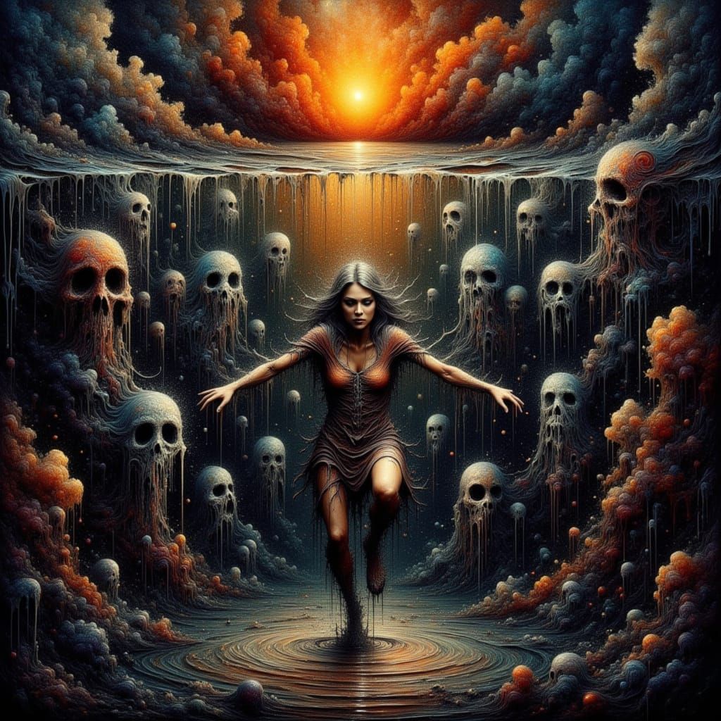 <lora:All About The Drip:1.0> Visualize a complex composition filled with splattered ink and significant paint drippings. At the center is a...