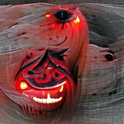 Carved halloween pumpkin with illuminated red eyes and blood...