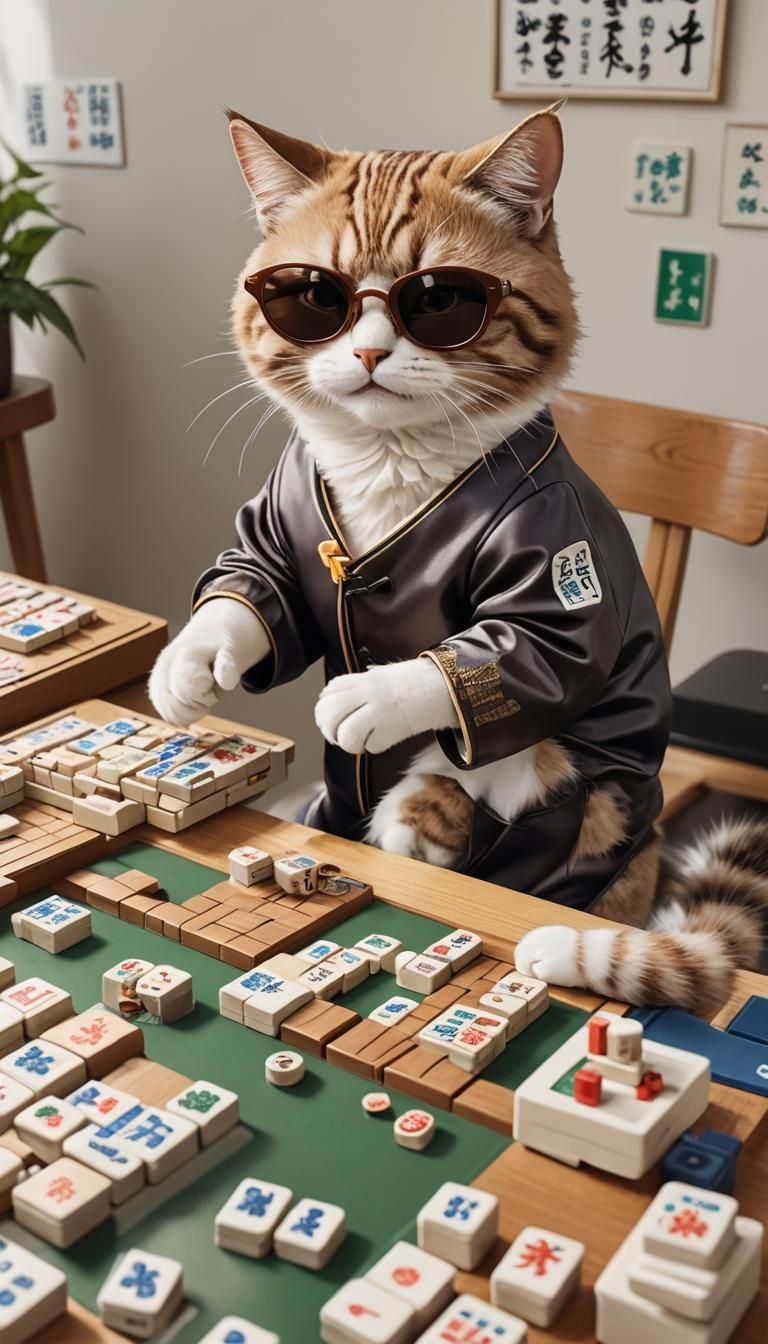 A funny cat love playing Chinese mahjong!