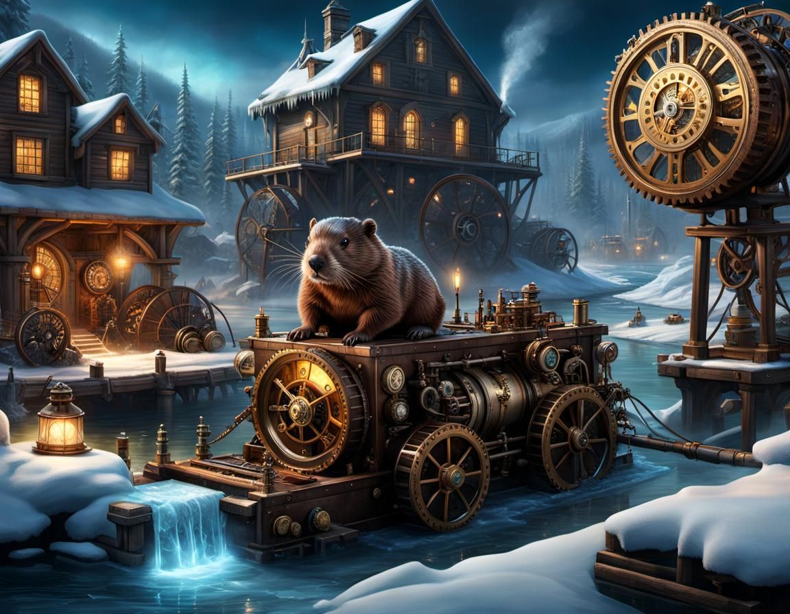 Steampunk beaver constructing a clockwork dam in frozen river - AI