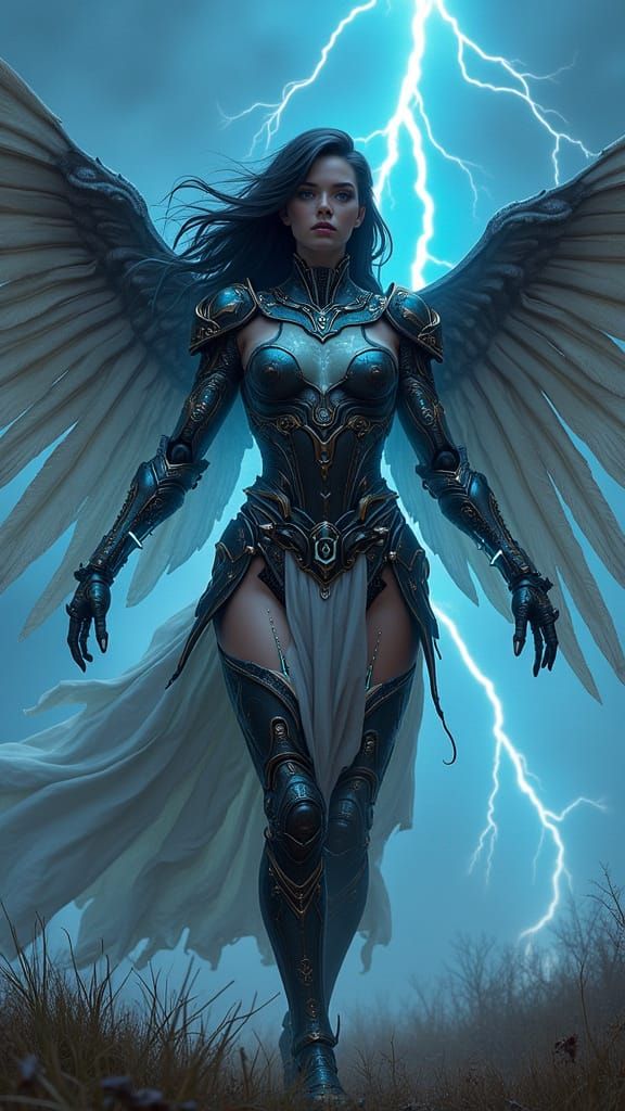 A stunning cyborg valkyrie warrior with intricate mechanical wings and glowing neon tattoos, standing ...  by @Christopher Allen