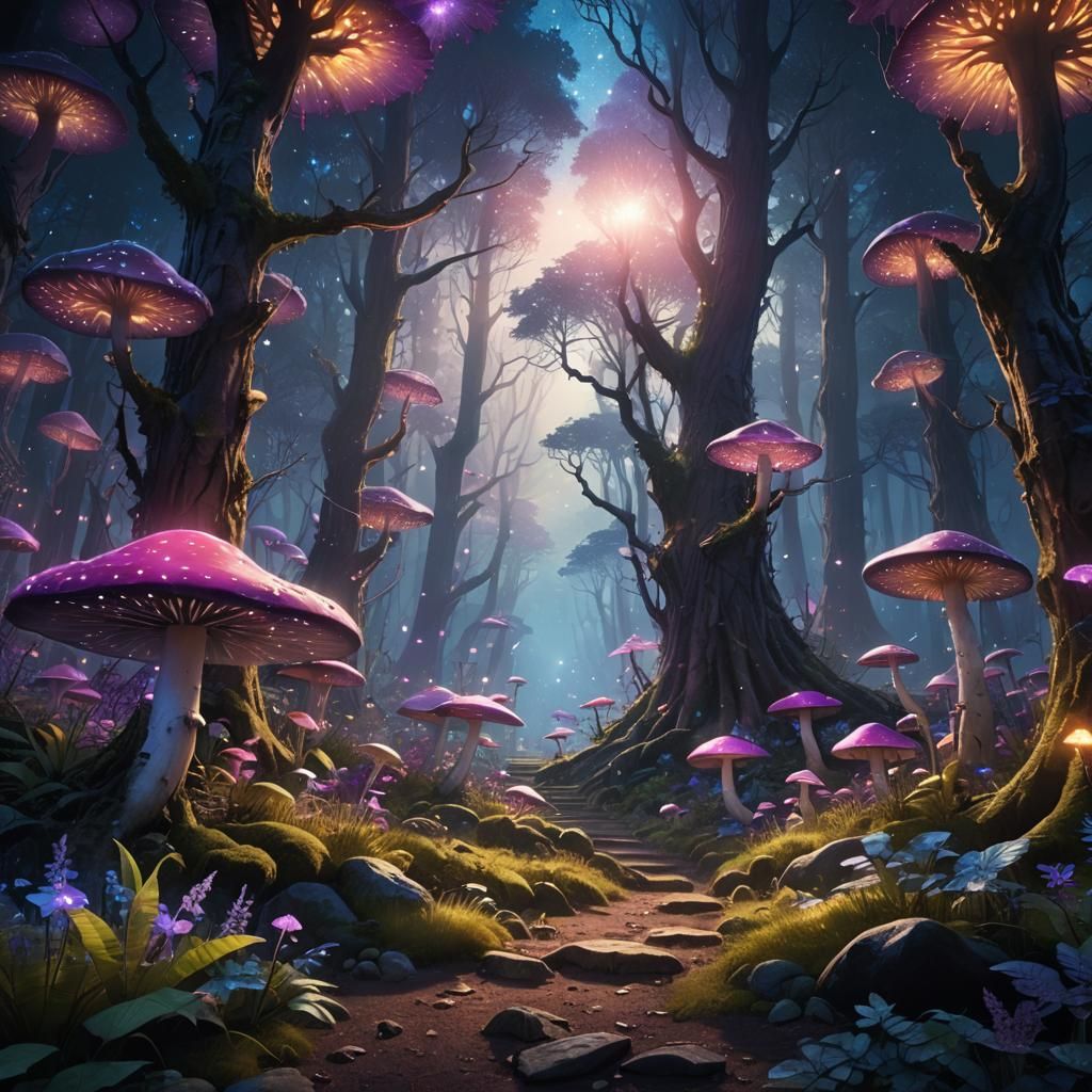 Mystical Forest with Glowing Plants and Crystals