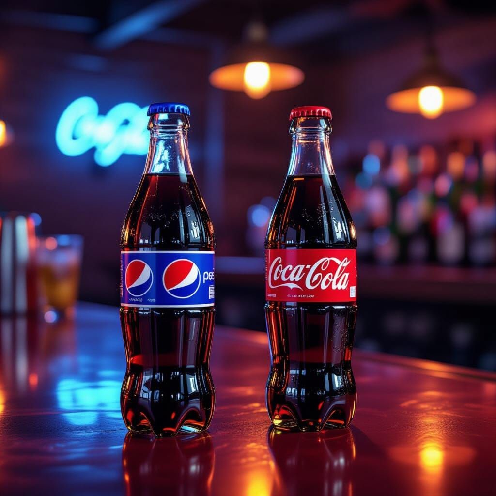 A Pepsi bottle is standing next to a Coca-Cola bottle and they are arguing about which is more valuable.