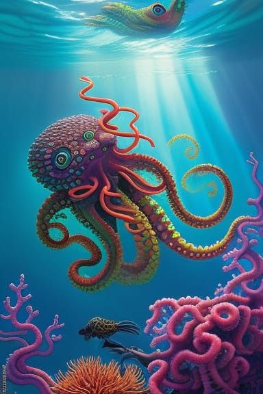 Cute adorable jellyfish medusa water snake sun rays underwat...