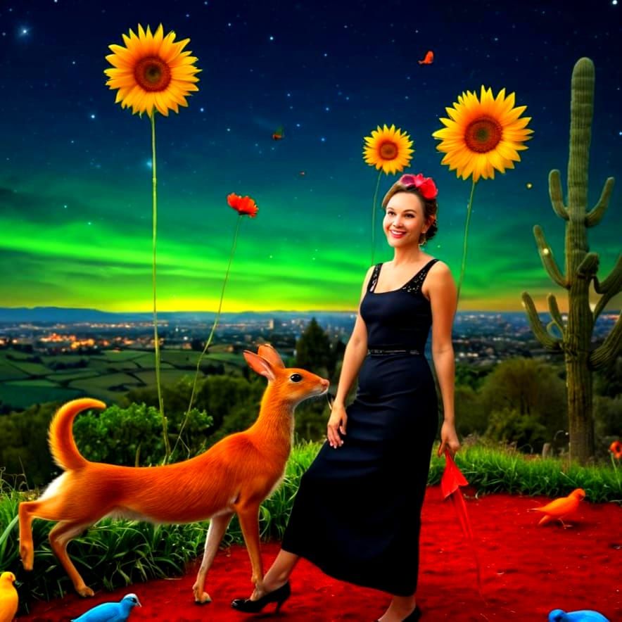 Surrealistic Portrait of a Happy Lady with Fantastical Anima...