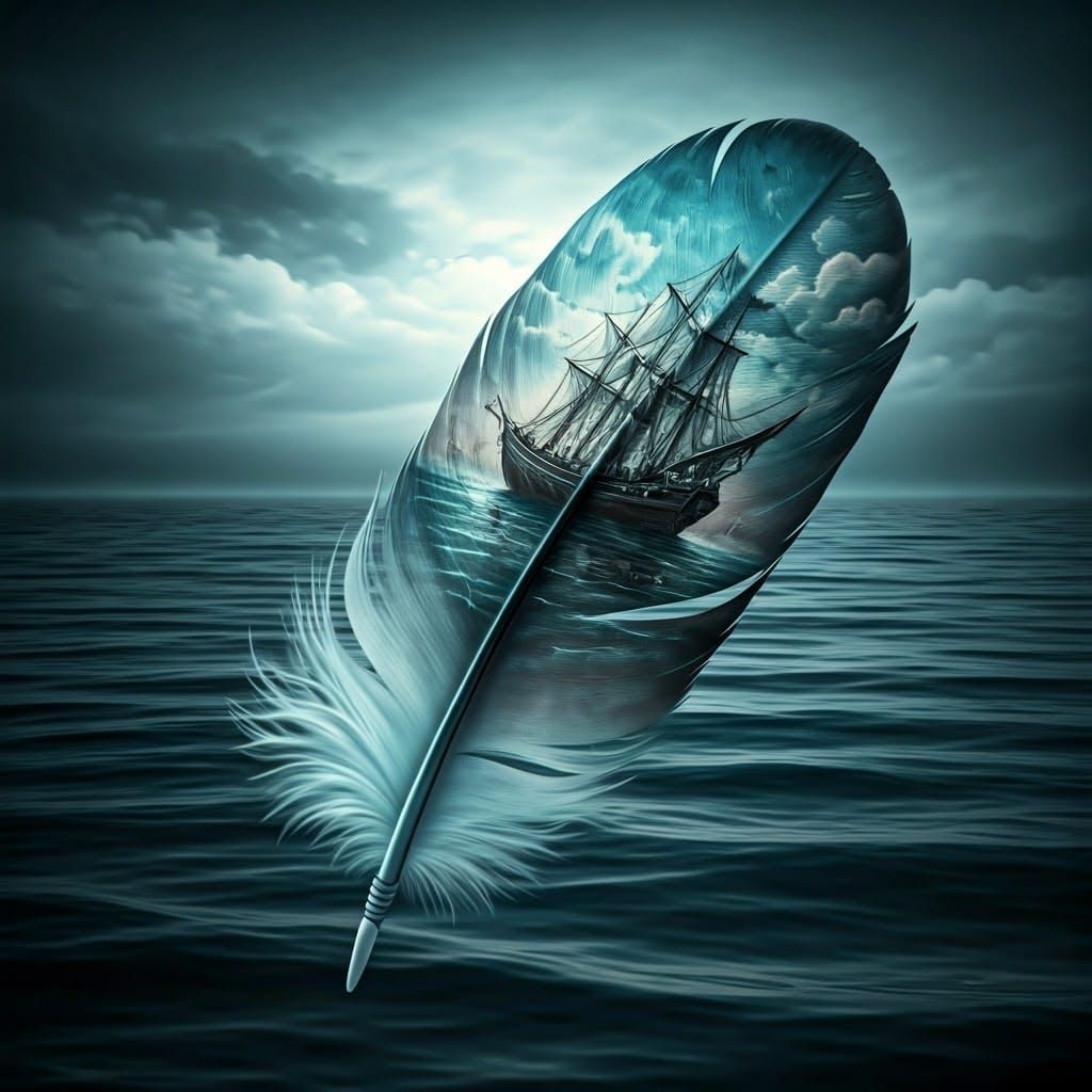 a large feather with the image of a boat on it  by @ericde