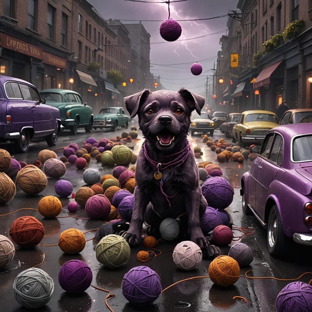 grotesque zombie puppy, playing with ball of yarn, in heavy ...