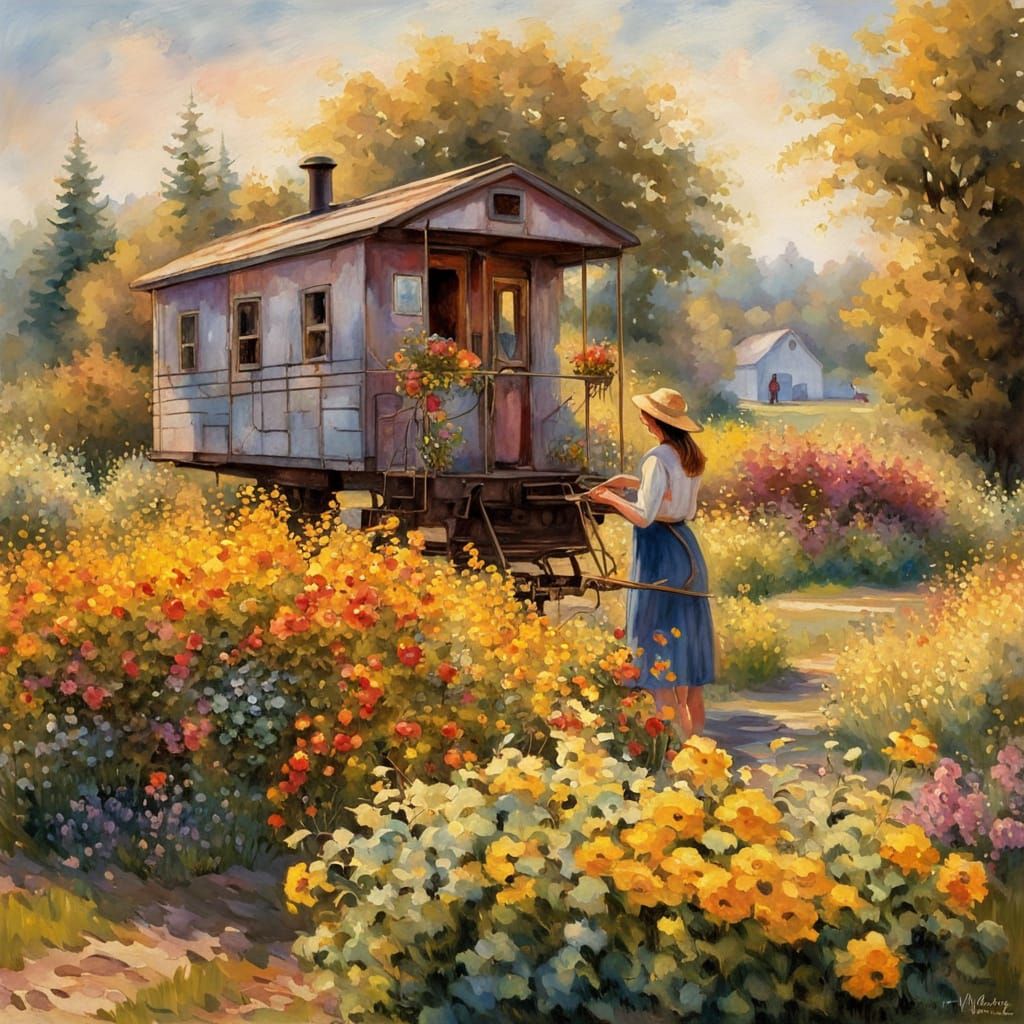 an old, broken down, vine covered train caboose sitting in a backyard garden. There is a lady working ...  by @ArchieWahwah