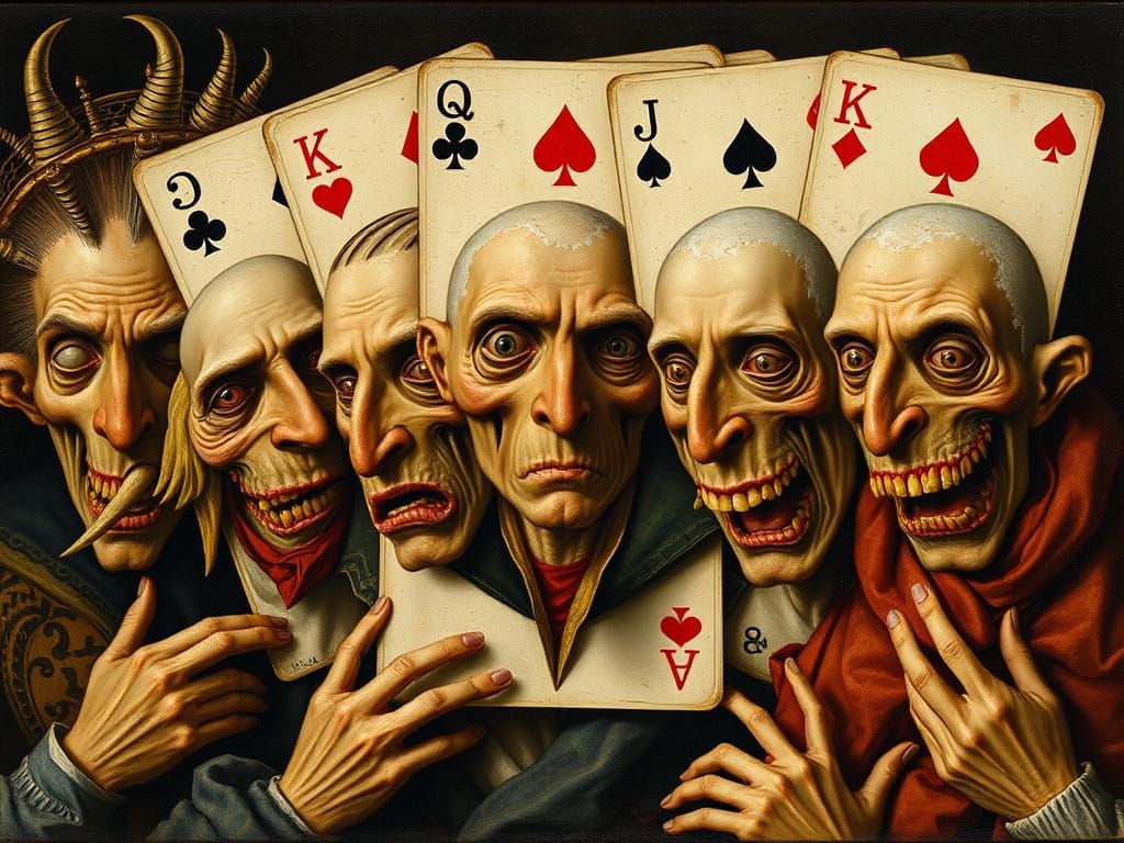 Weird heads laughing, popping out of playing cards. Fade out.