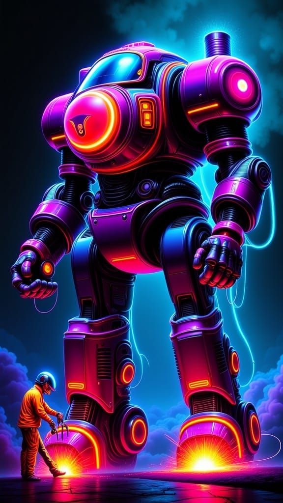 A gargantuan mecha suit whose cockpit door opened up showing a pilot situated inside who is pointing out problem areas to a mechanic welding...