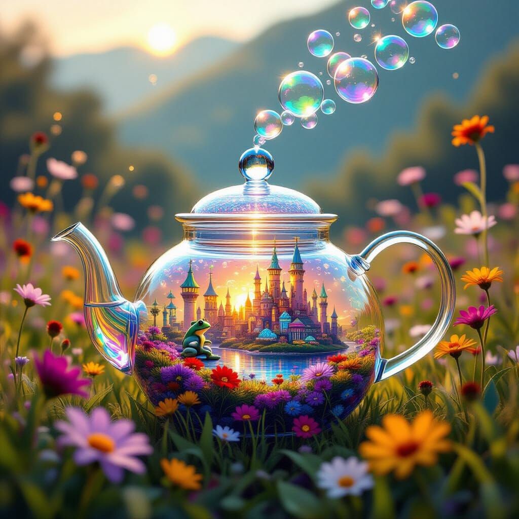 A whimsical glass teapot sits amidst a field of vibrant wildflowers, its spout pouring forth a cascade ...  by @Jespersen