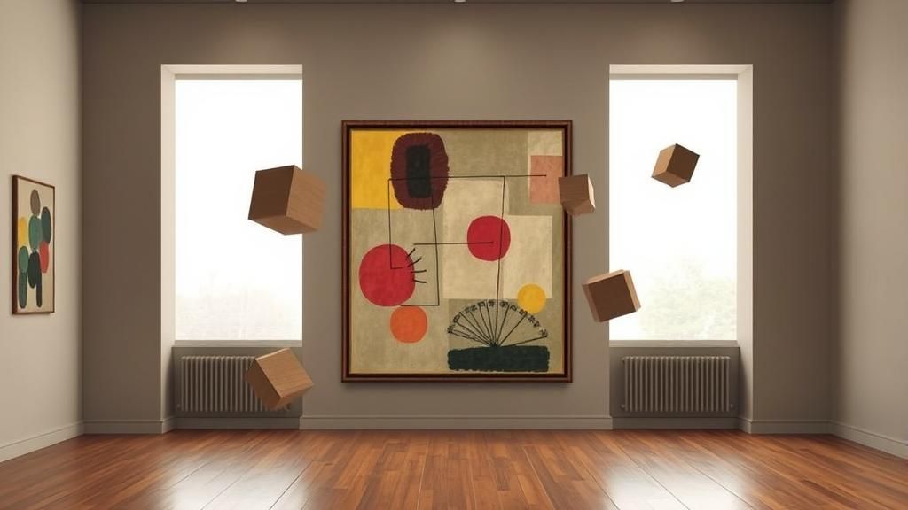 a painting by Paul Klee in a room in which certain geometric shapes emerge from the painting and become volumes and float in the room.