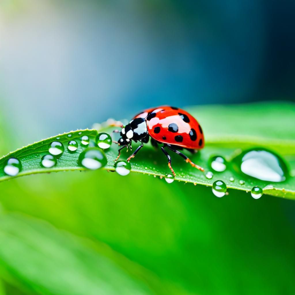 Macro lense photography; a ladybug at the water drop on leaf