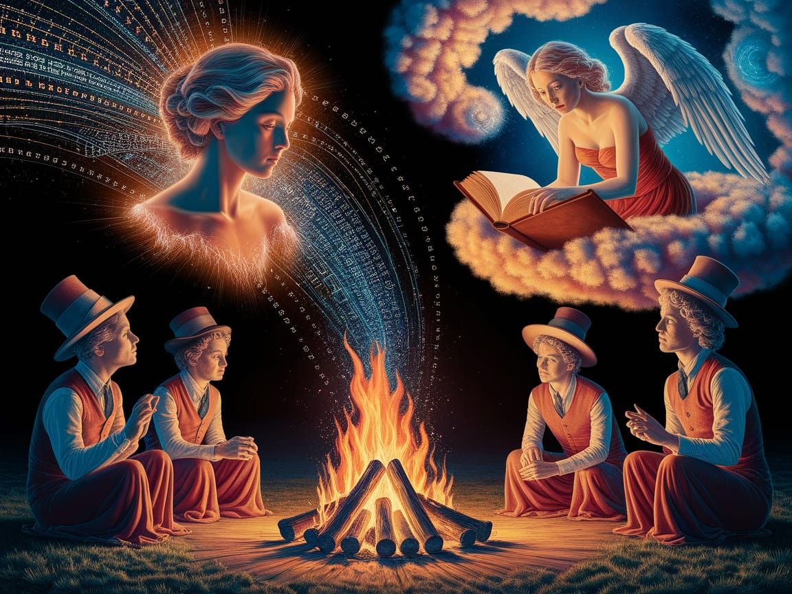 Ethereal Beings Witness Cosmic Codes Emerge from Campfire