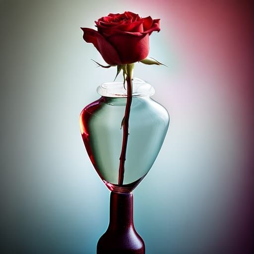 Single rose sticking out of the top of a vase in the style o...