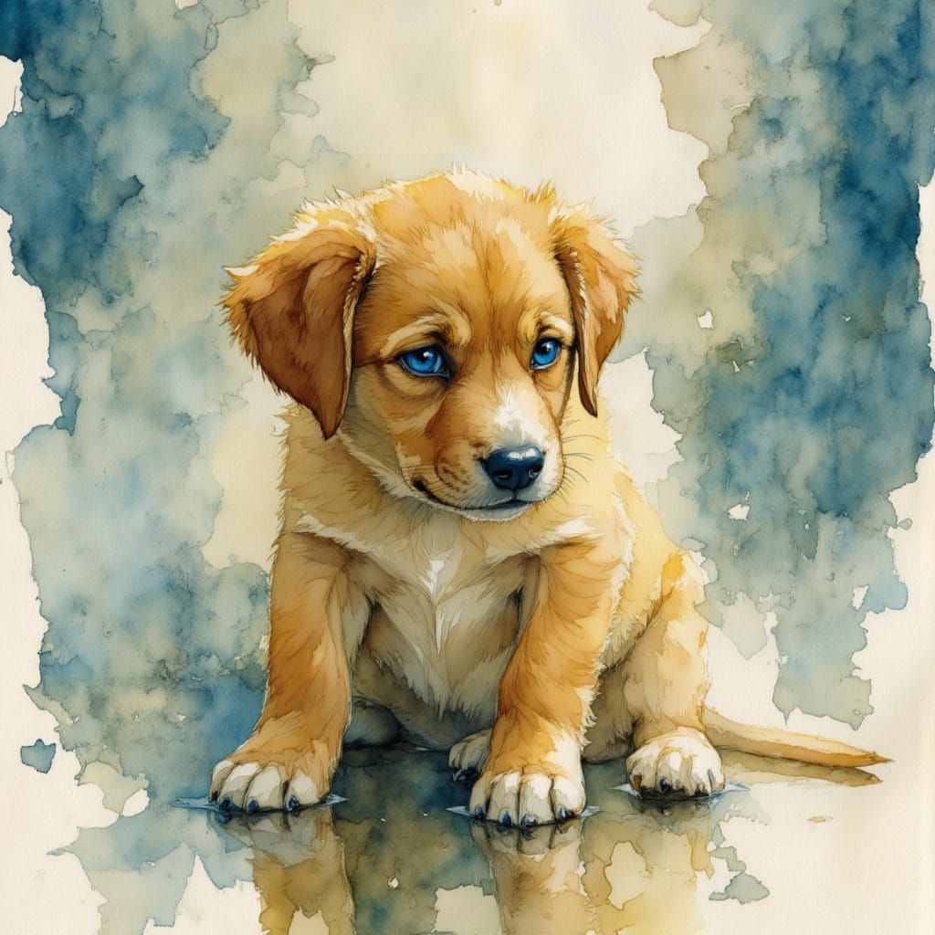 Watercolor painting of a sad little puppy in the rain, a photorealistic painting, by Andre de Krayewski, the cutest puppy ever, jean-sebasti...