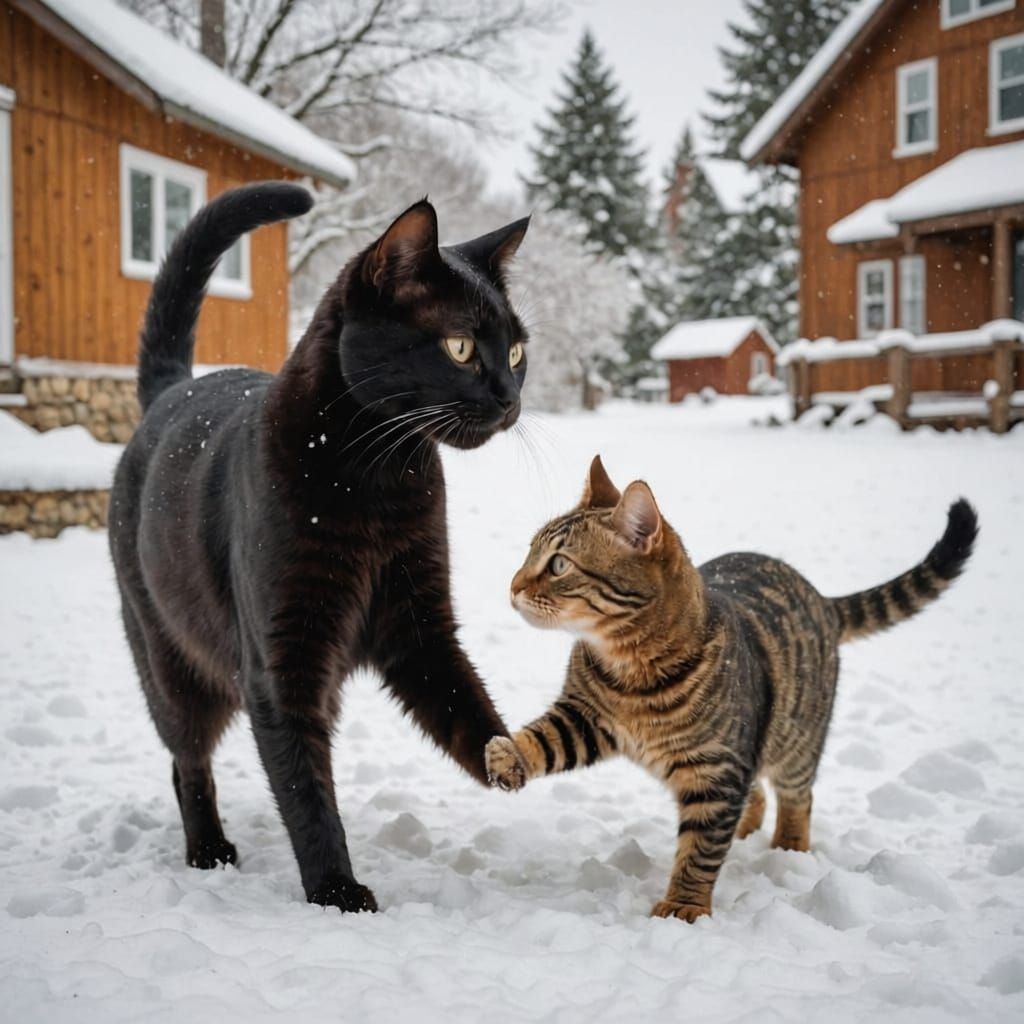A black cat and a brown tabby cat playing in a winter scene with snow