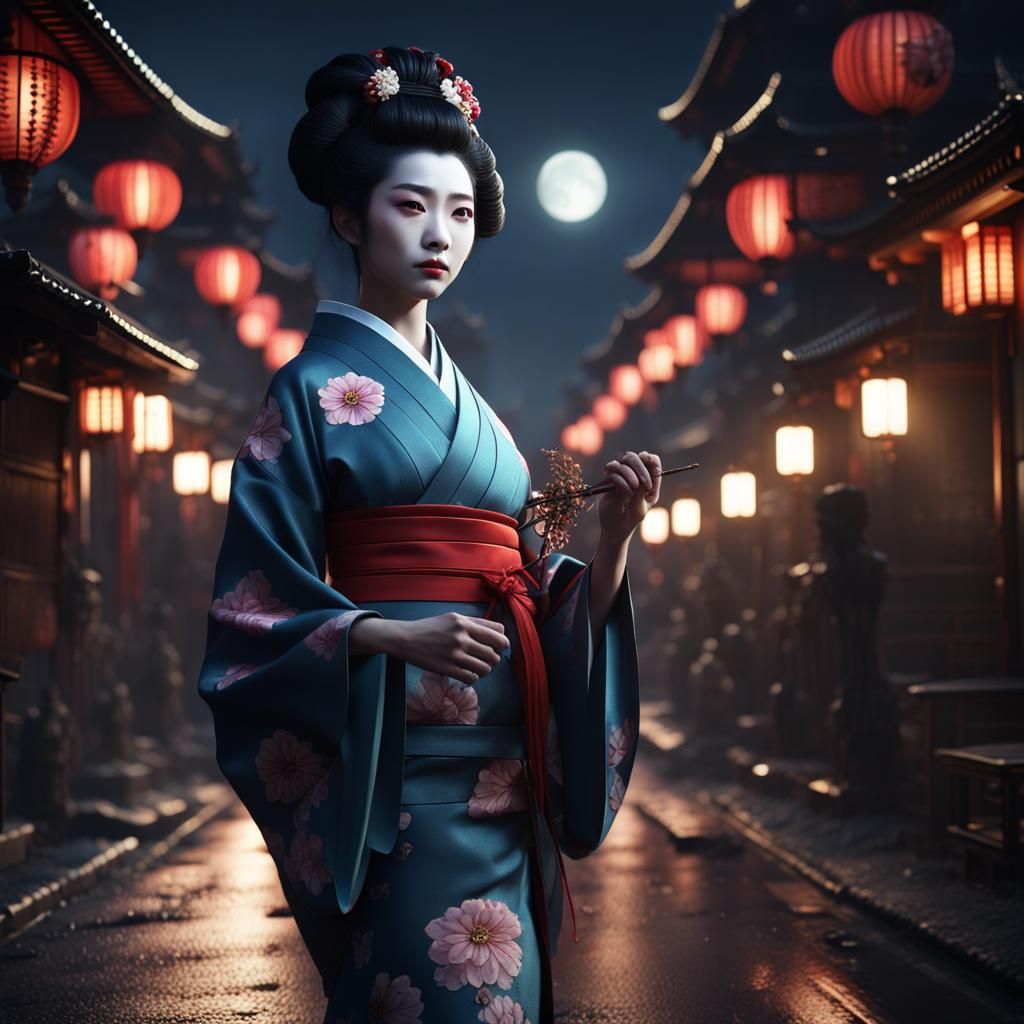 a geisha walking in the street a night with moonlight