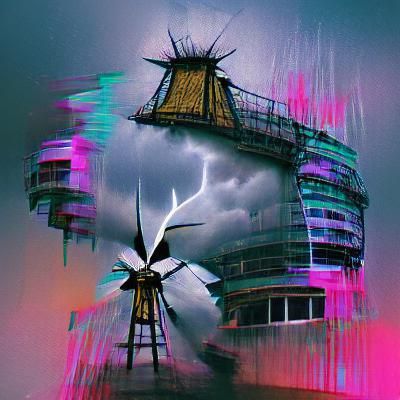 Cyberpunk windmill in a storm
