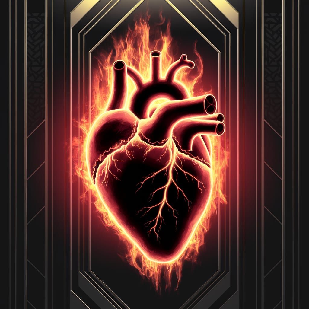 Surreal Art Deco Heart Burns with Fiery Passion in Dark, Chi...