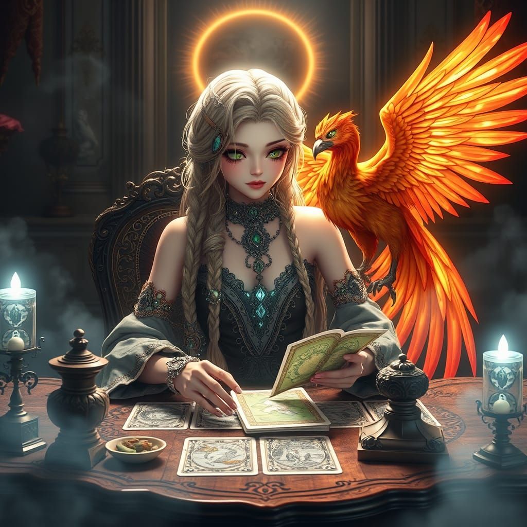Blonde tarot reader with braids reading tarot cards at a tab...
