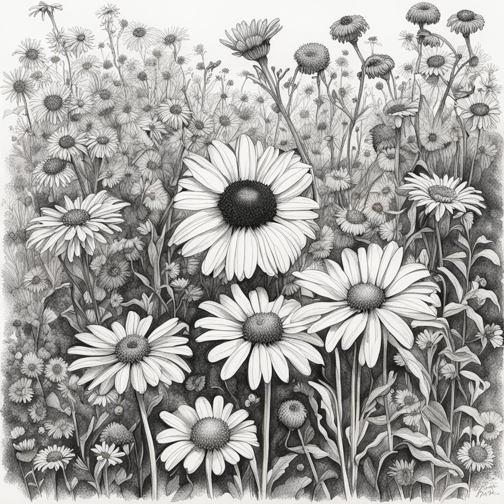 Ink drawing of blackeyed Susan's, daisies, and zinnias - AI Generated ...