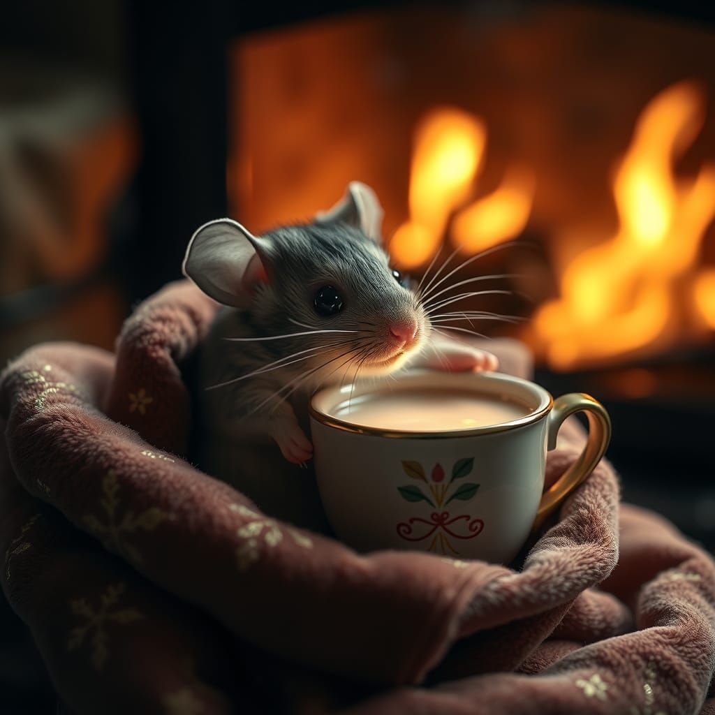A tiny mouse wrapped in a cozy blanket, holding a cup of hot...