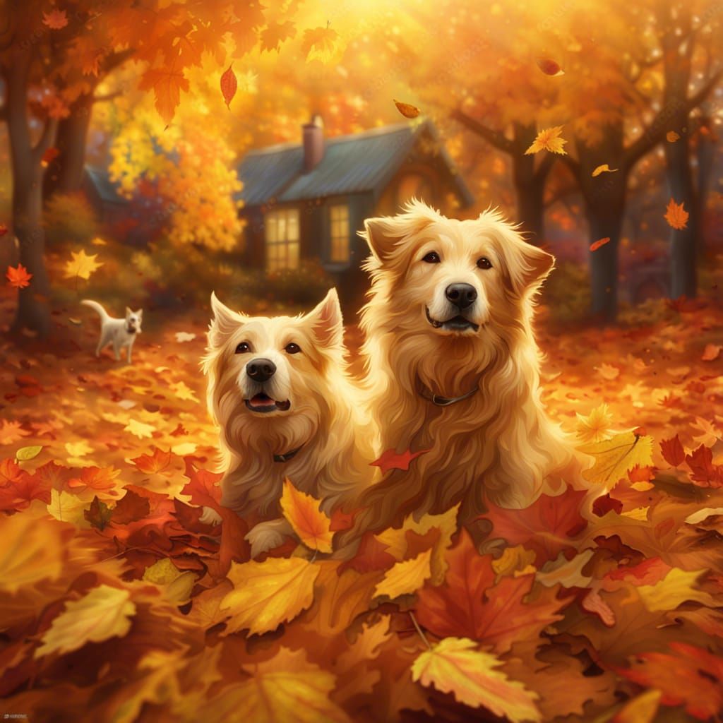dogs playing in a pile of autumn leaves: detailed matte painting