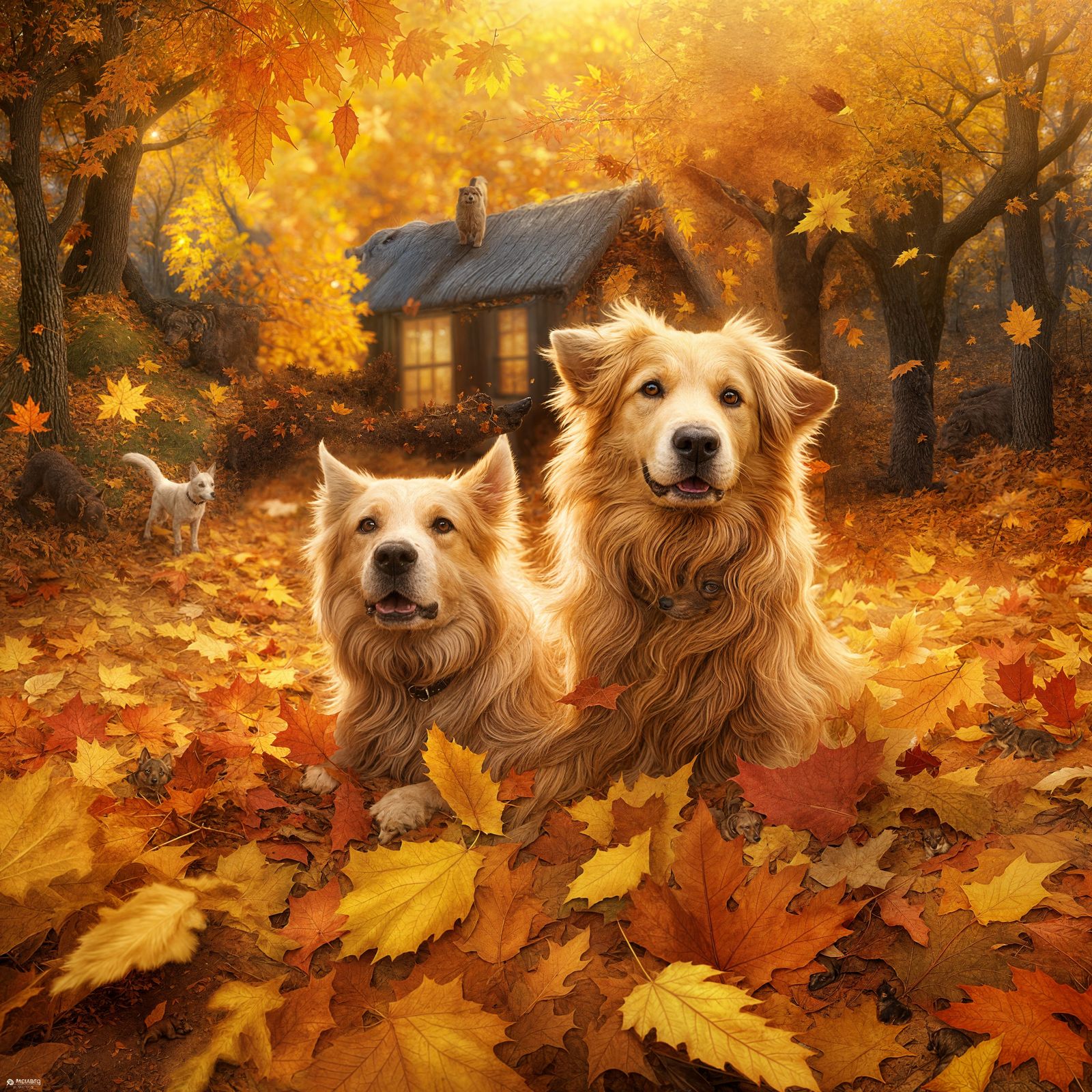 dogs playing in a pile of autumn leaves: detailed matte painting  by @Bobbles52