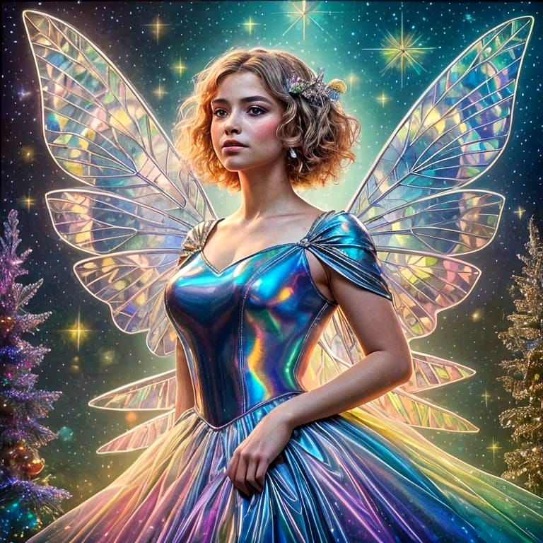 Holographic Christmas Fairy Holding Gift in Abalone Colors