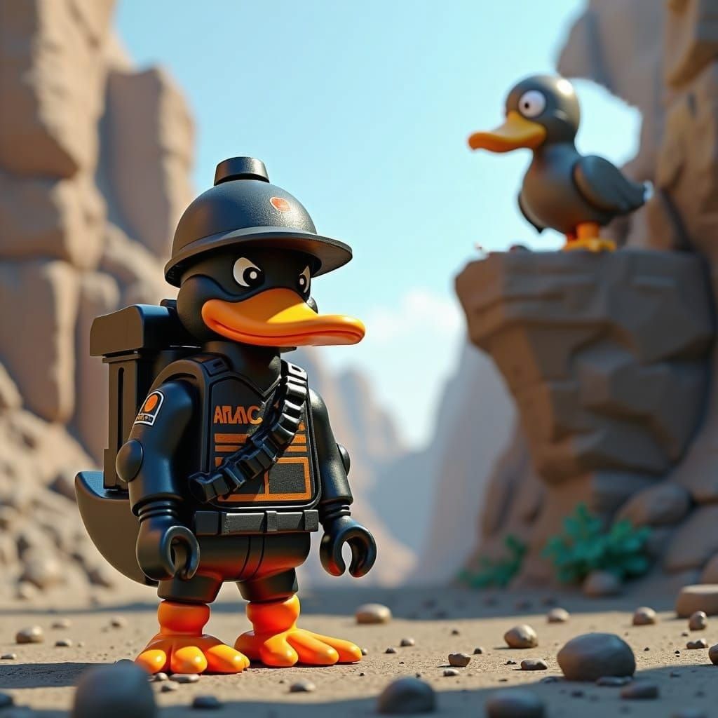 The AFLAC duck in SWAT gear in Legoland from the 1990s where lego space men have no faces. Up on a cliff to the right of AFLAC duck is a cli...