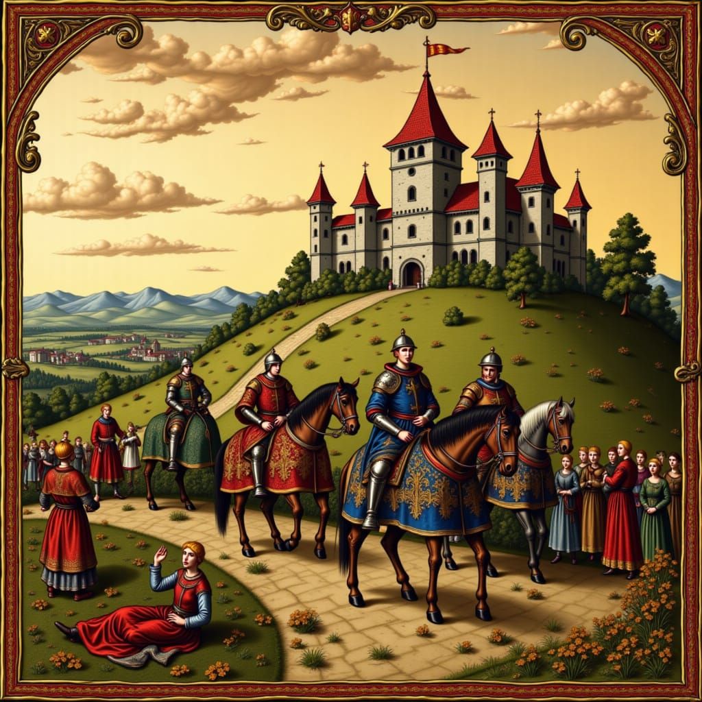 A medieval scene, with a group of five knights riding towards a walled hilltop castle at dusk, with people cheering them, depicted in the st...