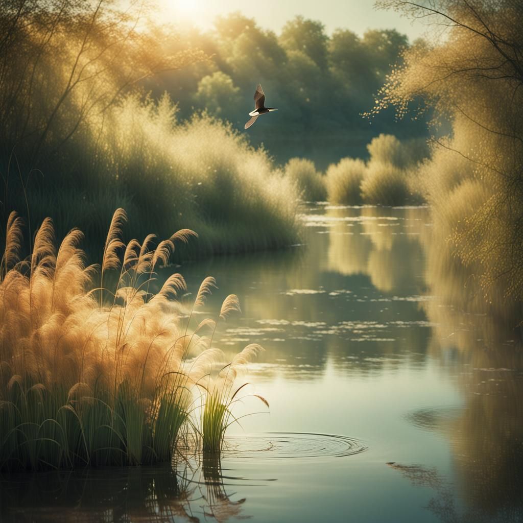 Cinematic Riverbank Scene with Reed and Birds