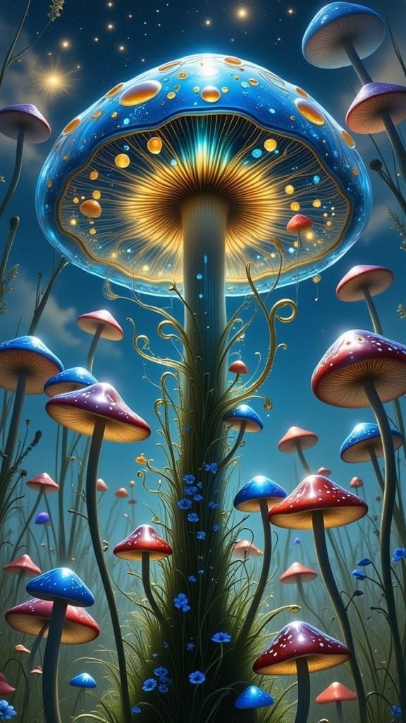 <lora:MILLENNIUM MUSHROOM:1.0>
VIVID fine art mytical realm of blue-sky view of a huge fantastical glowing transparent glass mushroom, whims...