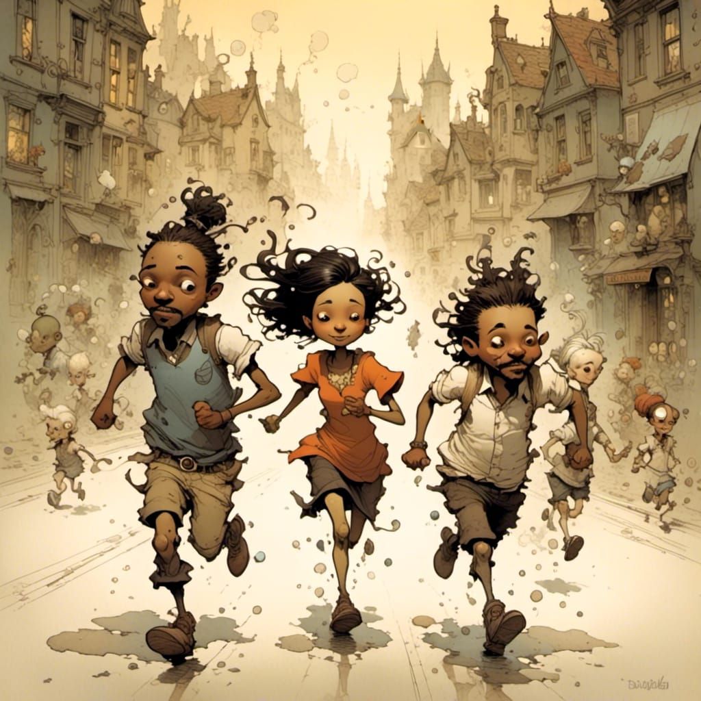 A whimsical illustration of friends running together, smooth, perfect, high definition, heavy lines <lora:cuteNcreepy:1.0> 