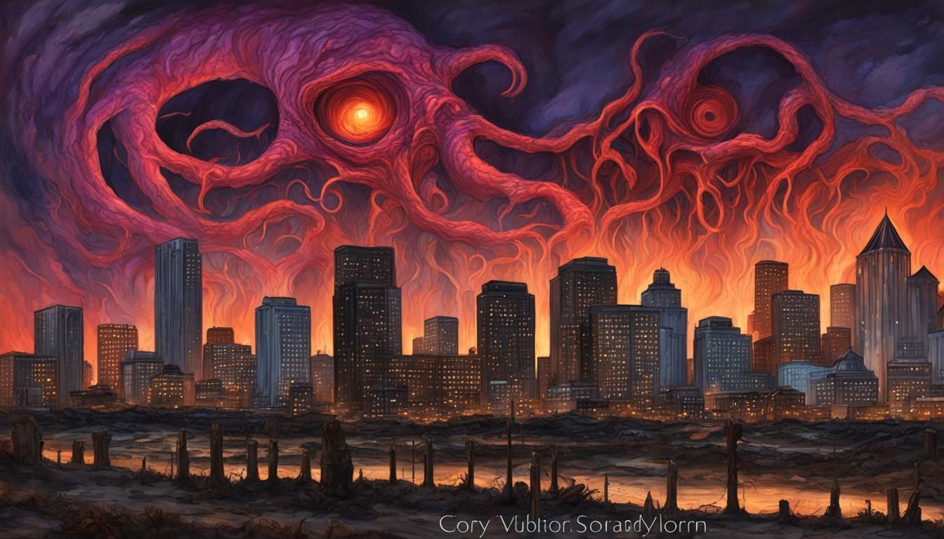 faceless, bright, vibrant, Eldritch horror, gothic, twisted, Tulsa