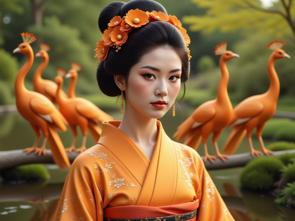 Solo Geisha with Amber Peacock Garden Elegance
"A photorealistic geisha with bold amber eyes and a matching amber kimono, high resolution, c...